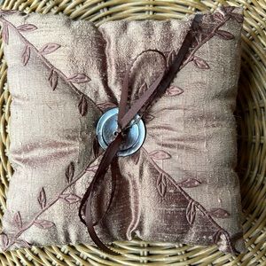 Ring Bearer Pillow, Brown Raw Silk, Vintage Mother of Pearl Button on Both Sides
